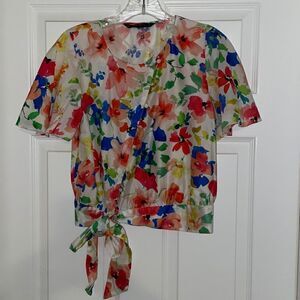 Zara Basic Collection Watercolor Floral Hip Tie Shirt